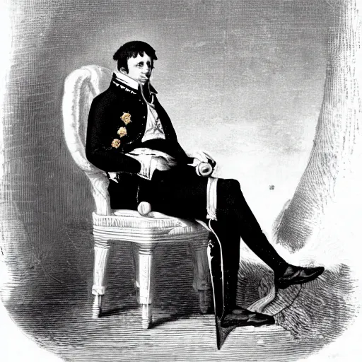 Prompt: photo, napoleon bonaparte sits on twine with his legs widely spread