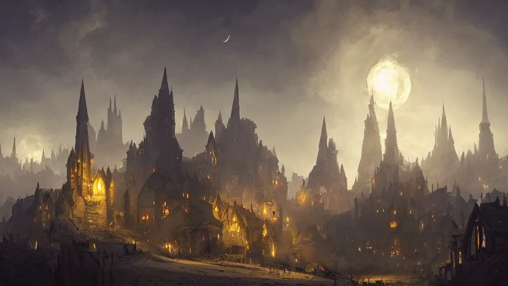 Image similar to A medieval fantasy village surrounding a wizard's spire on a hill, crescent moon, light glowing from windows at night, smoke from chimneys concept art by Greg Rutkowski