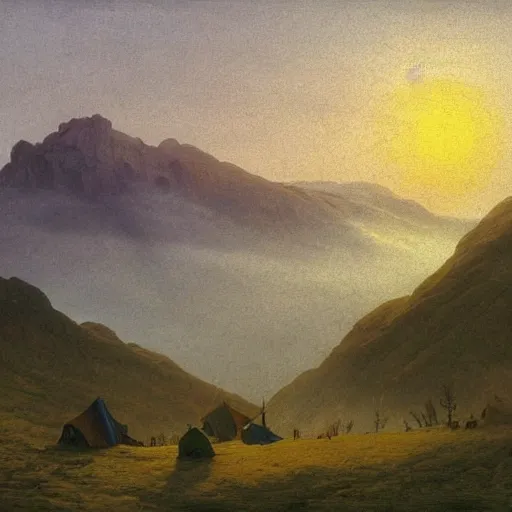 Image similar to mountains above the clouds, village in the mountain, long parallel wooden platforms, tents, colors, misty clouds, sun at dawn, painting by caspar david friedrich