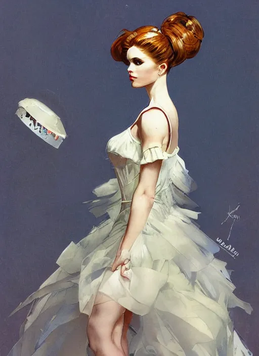 Prompt: a low angle copic maker art nouveau dystopian portrait of russian beautiful girl detailed features wearing a latex wedding dress with a puffy skirt designed by balenciaga by john berkey, norman rockwell akihiko yoshida