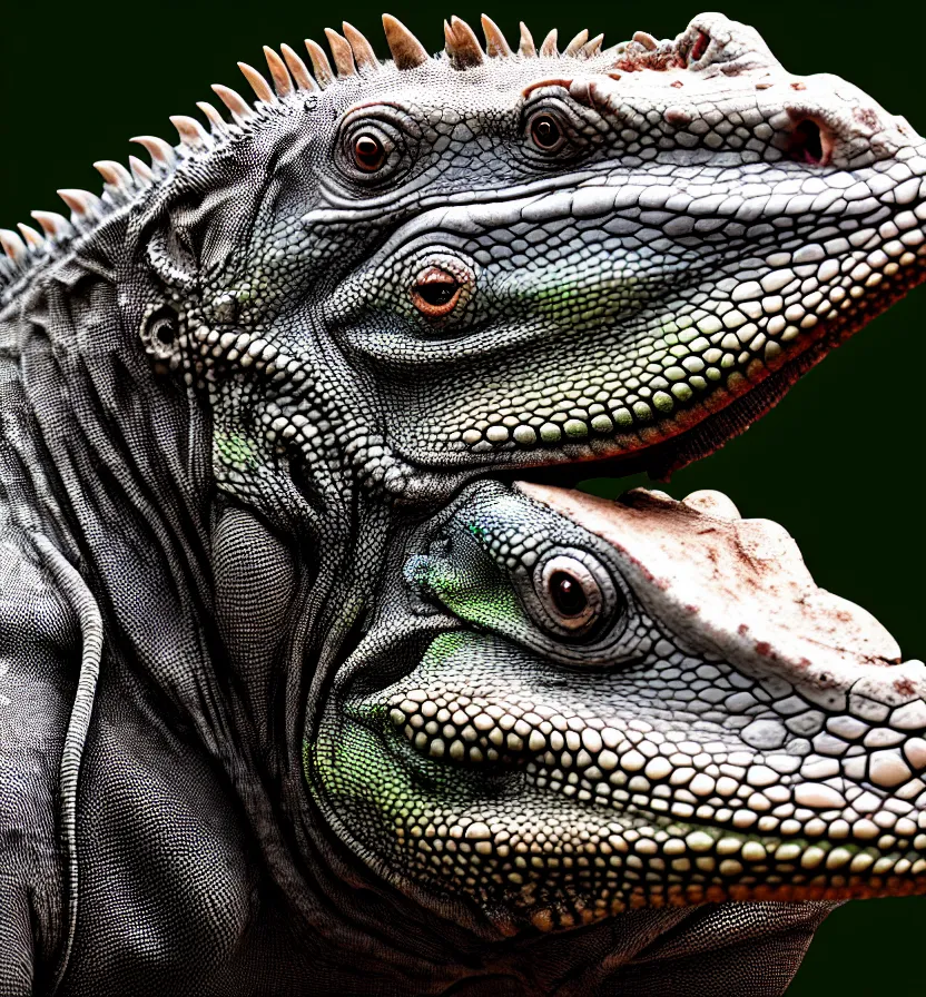 Prompt: iguana head the head has a symmetrical horn and tumor, and there is a rhino horn at the front of the beak, rich detail realistic photoreal photorealistic octane render 8 k