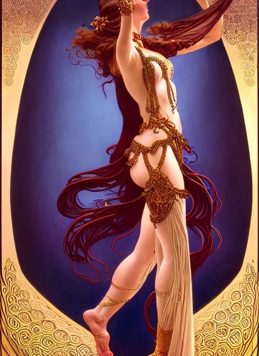 Prompt: amazing, intricate, leyendecker, michael whelan, belly dancing woman with long wavy hair, graceful arms, jeweled costume, jewels, flowers, art nouveau, stephen bliss, unreal engine, by greg rutkowski, loish, ferdinand knab, ilya kuvshinov, rossdraws, tom bagshaw, alphonse mucha, global illumination, radiant light