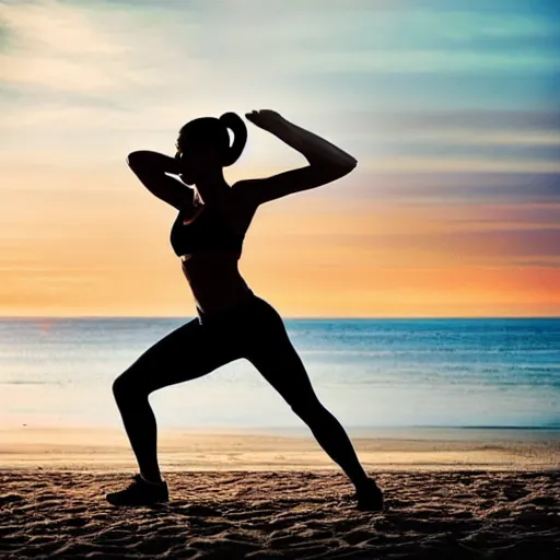 Prompt: “silhouette of fitness blogger doing exercise on the beach photorealistic ”