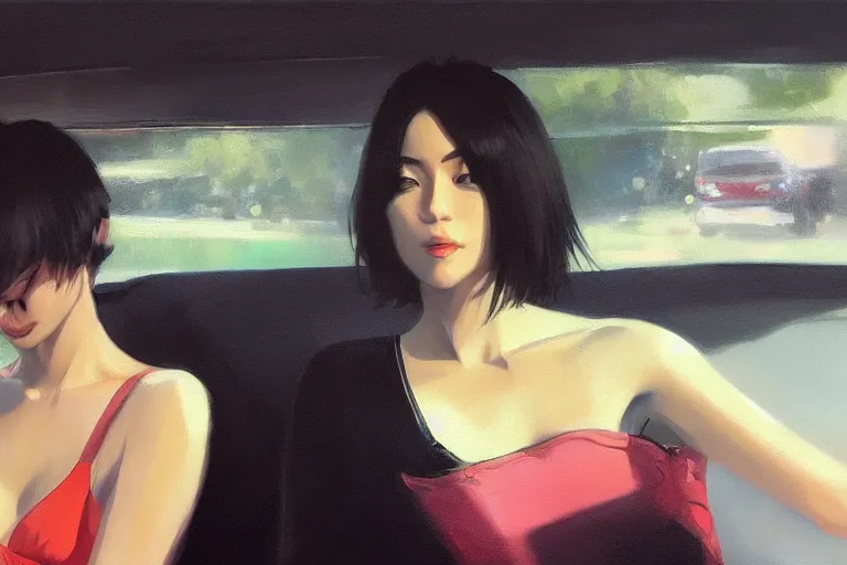 Prompt: A ultradetailed beautiful portrait panting of a stylish woman sitting in the backseat of a car, Oil painting, by Ilya Kuvshinov, Greg Rutkowski and Makoto Shinkai