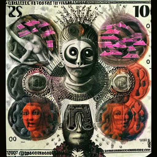 Image similar to post - punk new age album cover, asymmetrical design, dollar bank notes, capitalism, magic, apocalypse, psychedelic, black white pink, magic, giger h. r., giuseppe arcimboldo