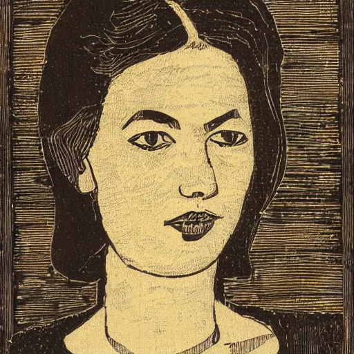 Prompt: female portrait, woodcut
