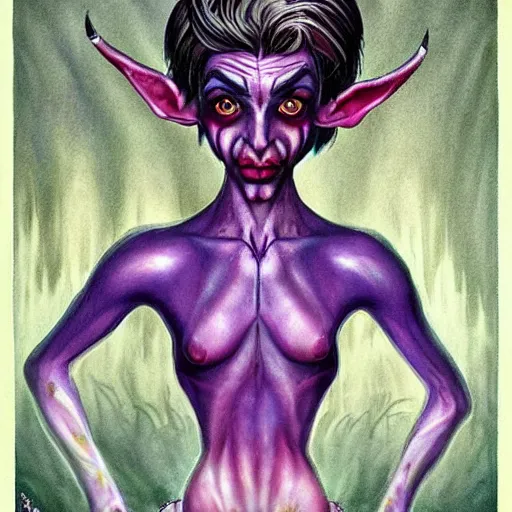 Image similar to a frightening, beautiful elf with violet skin, a scarred face, a bob haircut, and bushy eyebrows, smirking, in the style of jason edmiston