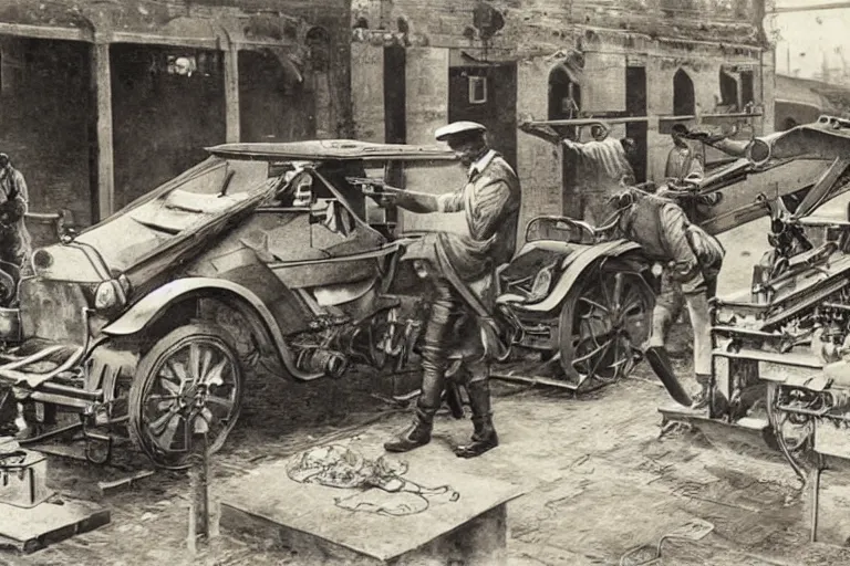 Prompt: repairing a vehicle on a machine world, year 1 9 1 4, photorealistic