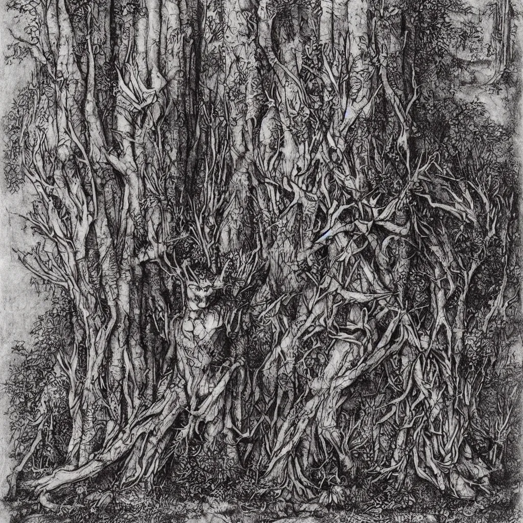 Image similar to leshen from wither 3, dark atmosphere, faded out colors, highly detailed muted colors, highly detailed illustration by albrecht durer, fine art sketch