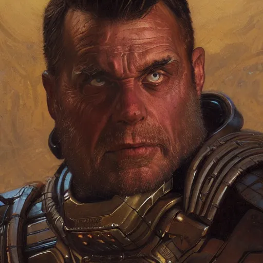 Prompt: the doomslayer, closeup portrait art by norman rockwell and donato giancola and greg rutkowski