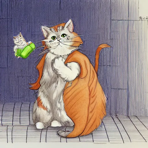 Prompt: person wearing a cat costume, anthropomorphic humanoid cat, extra fluffy Persian tabby cat standing on two feet, drawing by Don Bluth, colored pencil sketch with feathery lines, drawing by Yoshitaka Amano