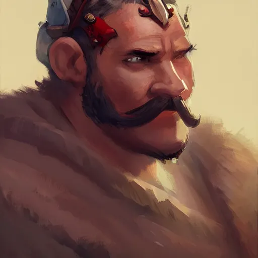 Image similar to portrait old barbarian warrior with trucker mustache and short hair, 8 k, trending on art station, by tooth wu and greg rutkowski