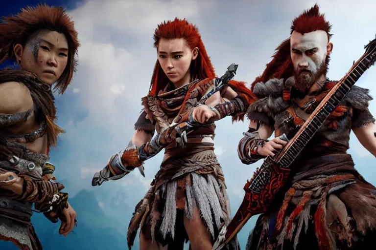 Prompt: aloy from the horizon zero dawn videogame playing a bc rich guitar with kratos from the god of war videogame