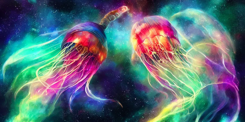 Image similar to Beautiful multi colored jellyfish in space, nebula, gorgeous, amazing, elegant, intricate, highly detailed, digital painting, artstation, concept art, sharp focus, illustration, art by Ross tran