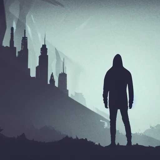 Image similar to digital art cyberpunk landscape silhouette of young man in a hoodie in the foreground