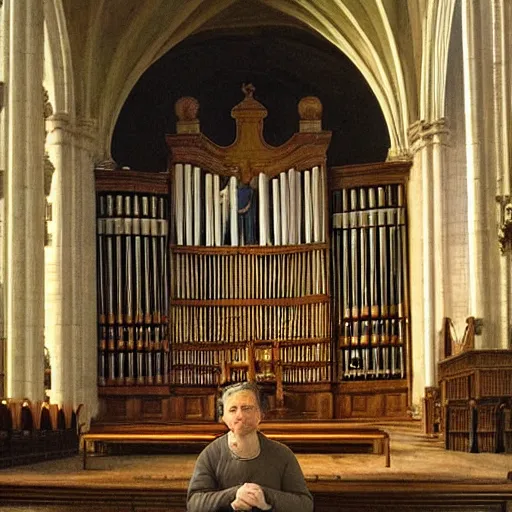 Image similar to a renaissance painting of a man sitting on the seat of a pipe organ inside of a cathedral, the man is tiny im comparison to the size of the cathedral.