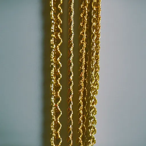 Image similar to a studio photoshoot of a Gold Beaded Chain designed by Tom Sachs, realistic, color film photography by Tlyer Mitchell, 35 mm, graflex