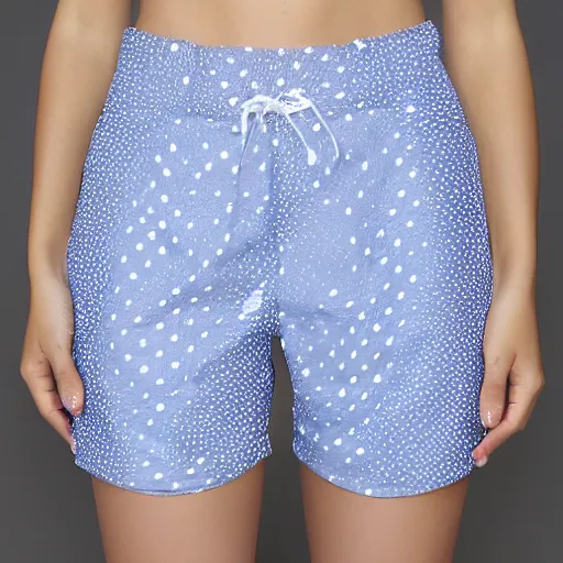 Prompt: blue short pants made of nylon with White dots