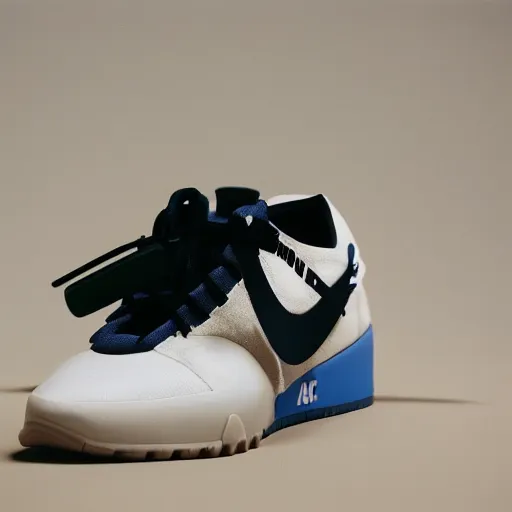 Image similar to a studio photoshoot of A Nike ACG sneaker designed by Virgil Abloh, leather and suede, Off-White, realistic, color film photography by Tlyer Mitchell, 35 mm, graflex