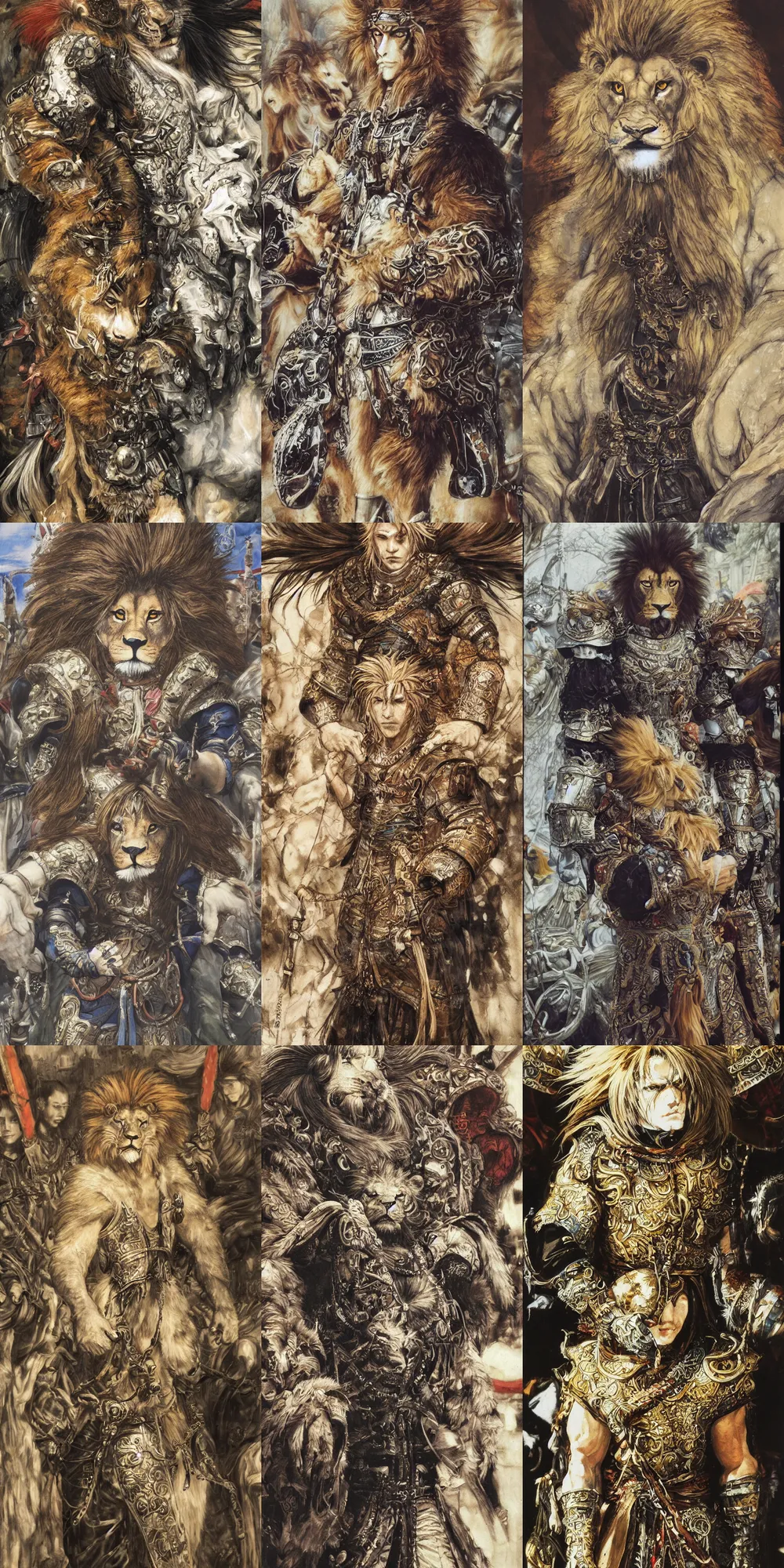 Image similar to 8 k yoshitaka amano painting of upper body of a young cool looking lion beastman with white mane at a medieval market at windy day. depth of field. he is wearing complex fantasy clothing. he has huge paws. renaissance style lighting.