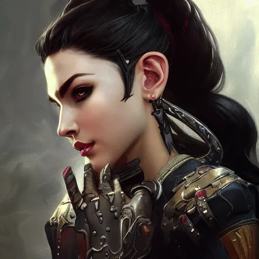 Image similar to dark fantasy character portrait of Widowmaker from Overwatch, intricate, wild, highly detailed, digital painting, artstation, upper body, concept art, smooth, sharp focus, illustration, art by artgerm and greg rutkowski and alphonse mucha