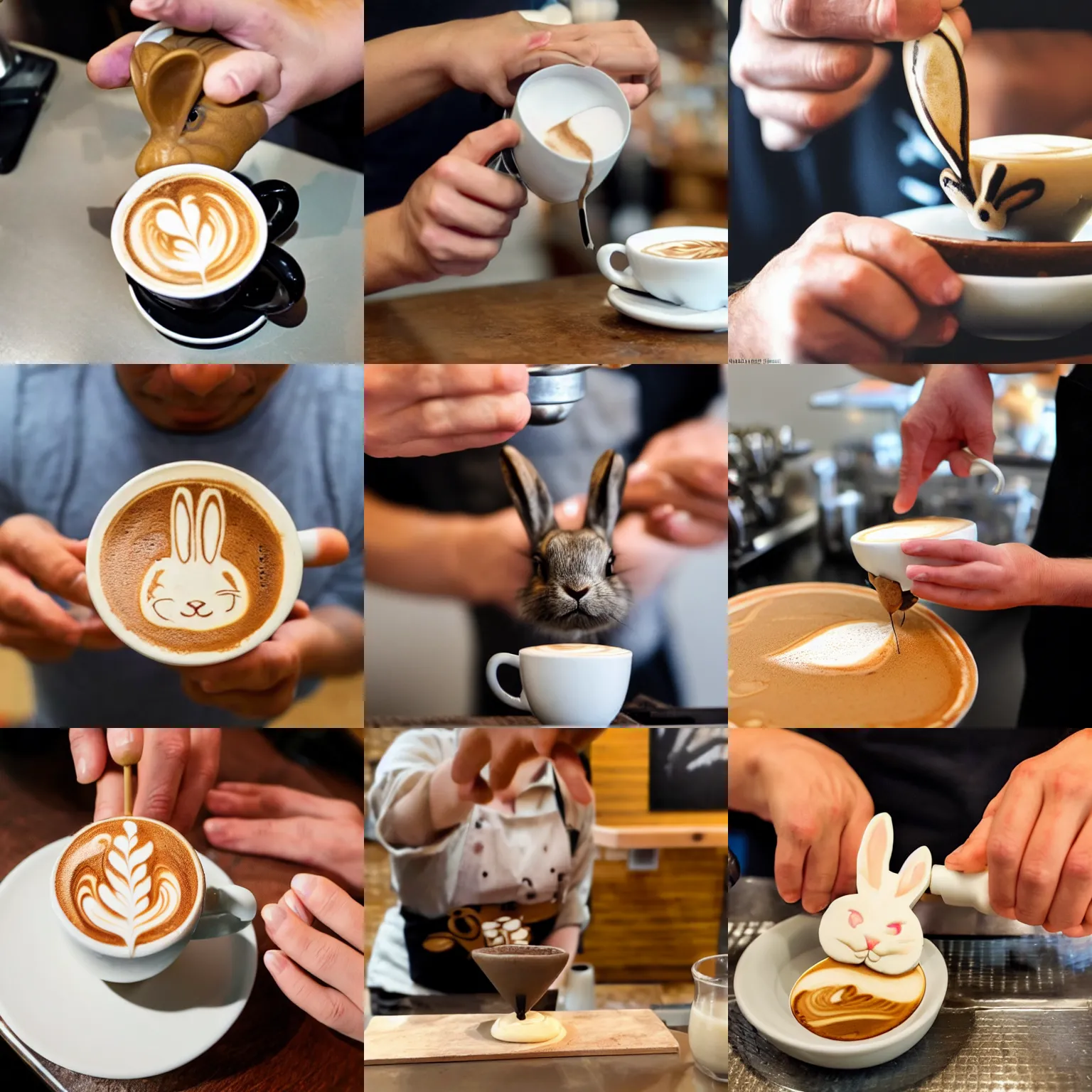 Prompt: a barista pours latte art in the shape of a rabbit