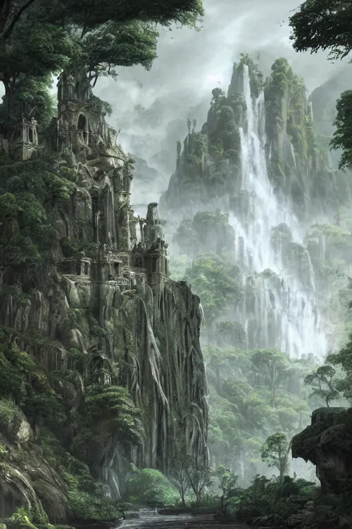 Image similar to carved into the Rock a citadel-temple-cathedral above a waterfall , gnarly trees, lush vegetation, forrest, a small stream runs beneath the waterfall, landscape, raphael lacoste, eddie mendoza, alex ross, concept art, matte painting, highly detailed, rule of thirds, dynamic lighting, cinematic, detailed, denoised, centerd