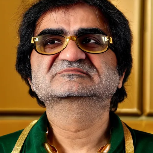 Image similar to jafar panahi wearing a green tracksuit and gold necklace with large star shaped gold medallion