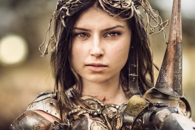 Image similar to close - up photo of a beautiful warrior princess in a battle scene, detailed eyes, shallow depth of field, photorealistic, cinematic lighting, lovely bokeh, warm colours, dusk