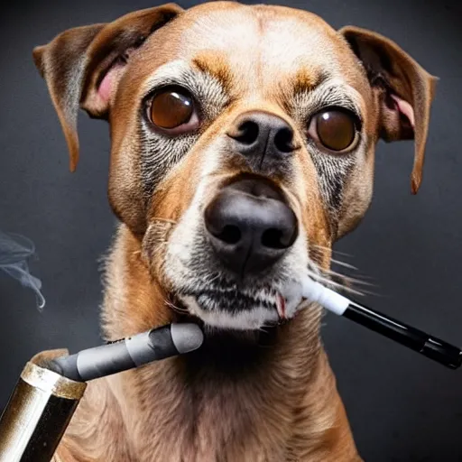 Prompt: photo of a dog in a suit smoking a cigarette and holding a gun