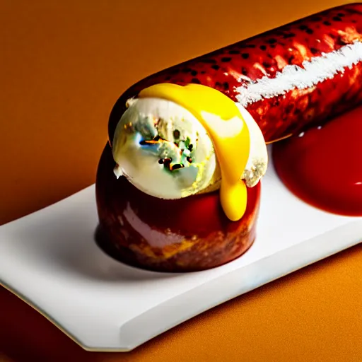 Image similar to commercial photo of a sausage ice cream, mustard, ketchup, relish