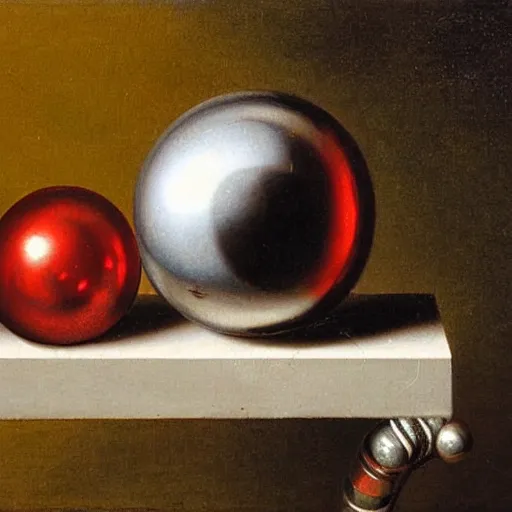 Prompt: chrome spheres on a red cube by balthasar van der ast