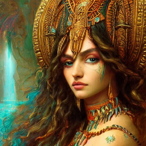 Image similar to artstation, intricate detail, hyper detail, portrait by gaston bussiere, tan skin, lady of elche, egyptian sumerian features, techno mystic goddess princess intergalactica inanna with aqua neon rapunzel dreadlocks,