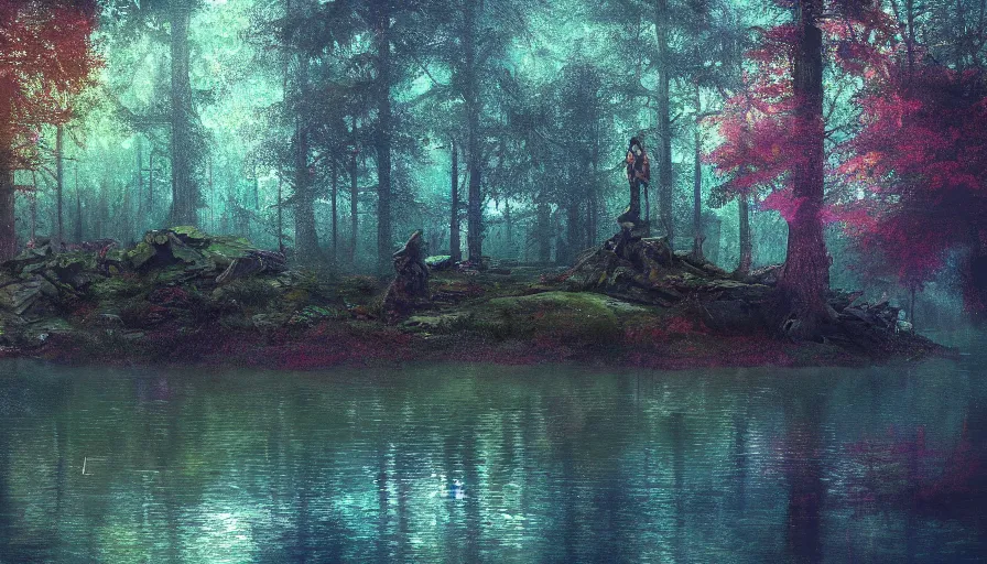 Prompt: holy heavy glowing claymore sticking into an island within a middle of a pond in a rainy forest, wide shot, moody high exposure, digital painting, concept art, photoshop speedpaint, vibrant deep saturated colors,