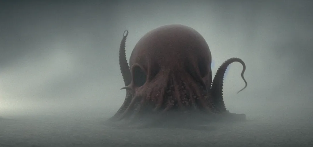 Prompt: an octopus in the shape of a skull, foggy, cinematic shot, photo still from movie by denis villeneuve, wayne barlowe