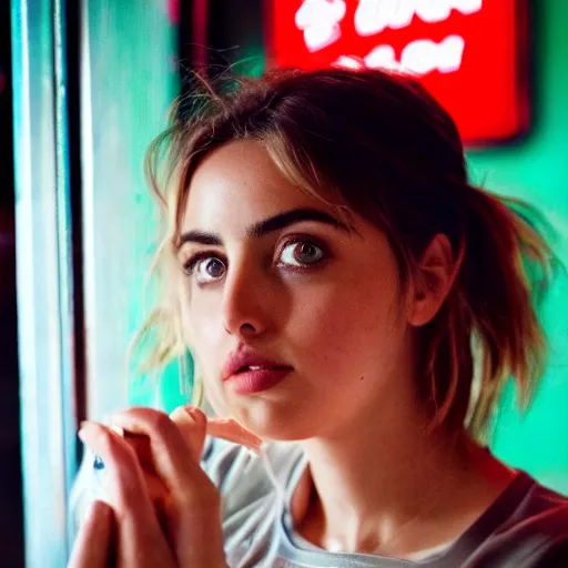 Image similar to ana de armas portrait working in a fast food restaurant, in a cinematic cyberpunk style, 3 5 mm