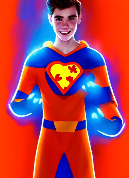 Image similar to friendly teenage archie andrews wearing an orange superhero costume with heart logo, heart, freckles, blue cape, heart emblem on chest, blue cape, intricate, elegant, glowing lights, highly detailed, digital painting, artstation, sharp focus, illustration, art by wlop, mars ravelo and greg rutkowski