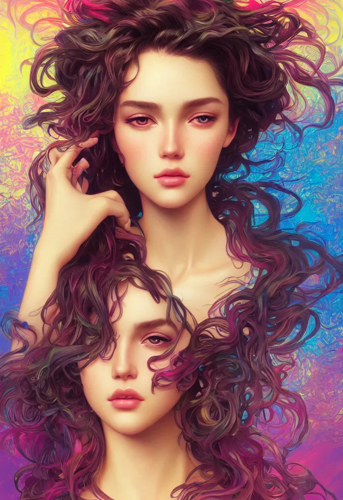 Image similar to beautiful, young woman, detailed gorgeous face, vaporwave aesthetic, synthwave, colorful, psychedelic, artstation, concept art, smooth, extremely sharp detail, finely tuned detail, ultra high definition, 8 k, unreal engine 5, ultra sharp focus, illustration, art by artgerm and greg rutkowski and alphonse mucha