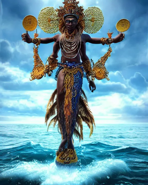 Image similar to a beautiful illustration of an orisha god, intricate and detailed, beautiful sea in the background, epic sky, vray render, artstation, deviantart, pinterest, 5 0 0 px models