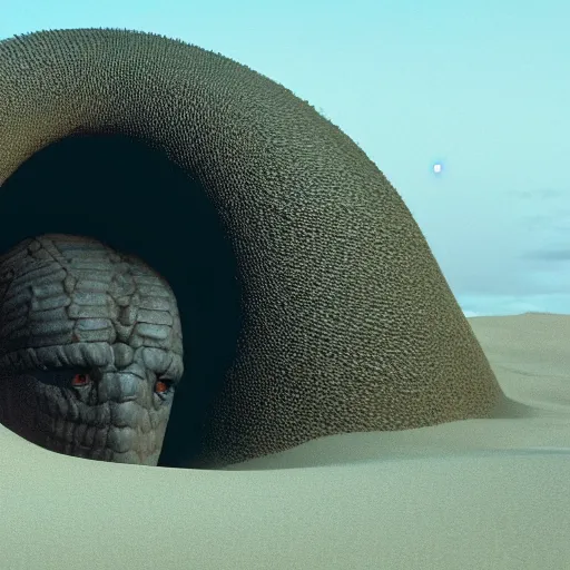 Prompt: A giant sandworm from dune emerging from a sand dune, with the face of Joe Biden; cgi 4k