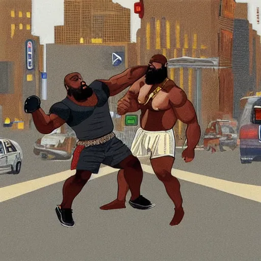 Image similar to mr. t fighting kimbo slice in city street traffic, intricate complexity, extremely detailed, very sharp,