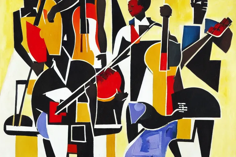 Image similar to a painting of a group of men playing instruments, an ultrafine detailed painting by romare bearden, behance, black arts movement, artwork, fauvism, academic art, large brush strokes, grainy texture