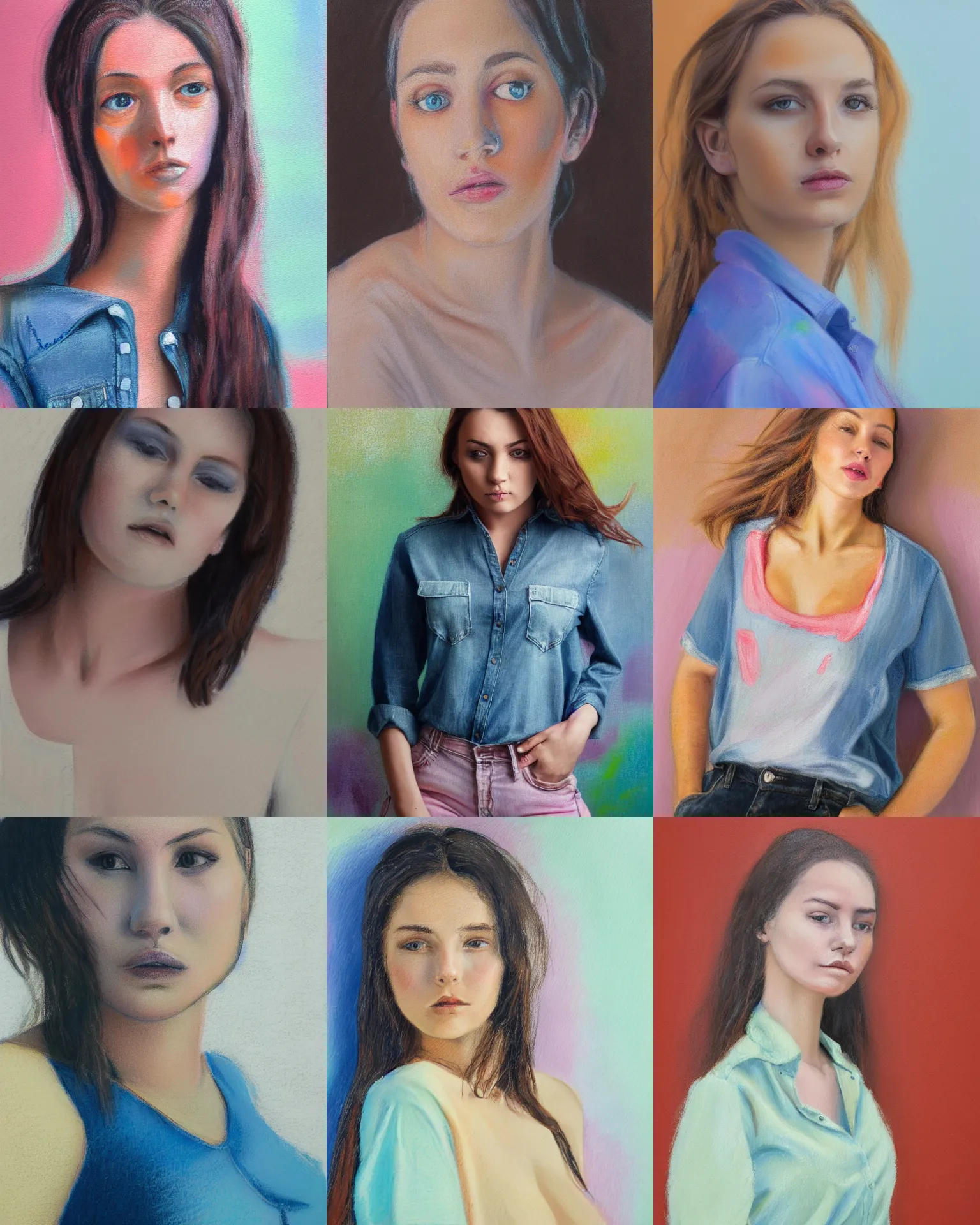 Prompt: frontal portrait of young woman, shirt and jeans, pastel painting, body close up