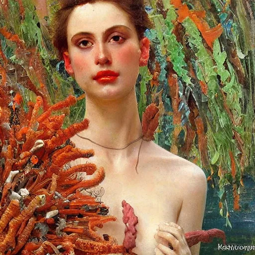 Image similar to a sculpture portrait made of seaweed and coral and shells and lilies, painting part by wojciech siudmak, part by ilya repin, part by max ernst, part by norman rockwell, artstation