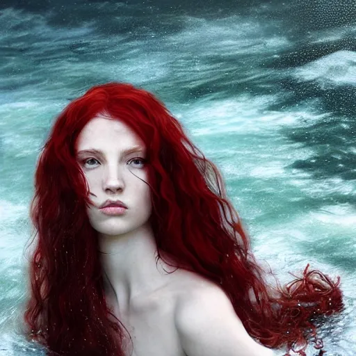 Prompt: a portrait of woman with long dark curly red hair under the water, stoic, pale skin, scales, mermaid, alone, white eyes, dramatic, epic painting, painting by wlop and nixeu, semirealism, artstation, octane render, sharpness, 8 k, golden ratio