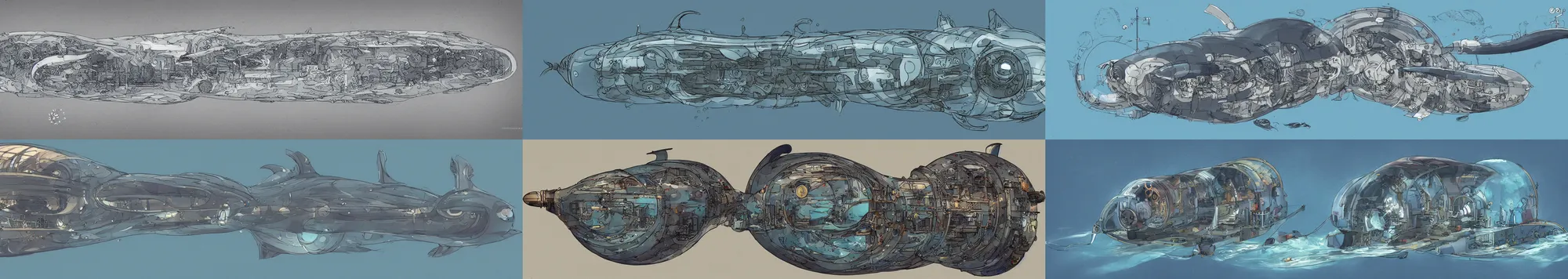 Prompt: cross-section of a beautiful dolphin-shape clockwork submarine operated by a crew of cats, concept art, artstation, Ghibli