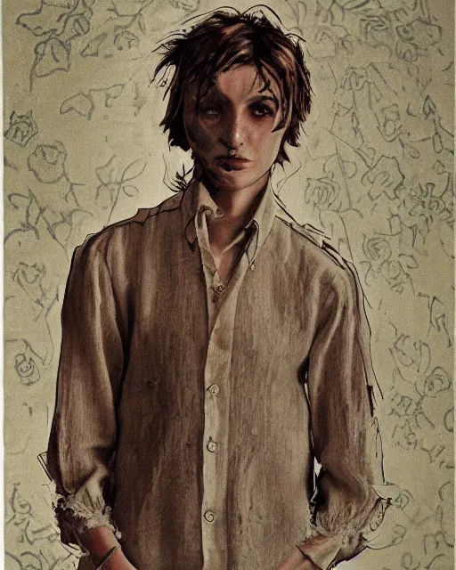 Image similar to a beautiful but sinister young man in layers of fear, with haunted eyes, wearing a linen shirt, 1 9 7 0 s, seventies, floral wallpaper, wilted flowers, a little blood, morning light showing injuries, delicate ex embellishments, painterly, offset printing technique