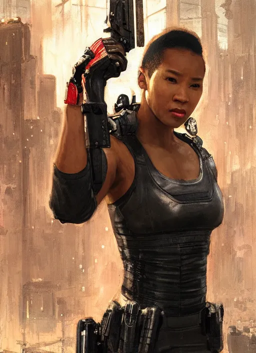 Prompt: black chun li teaching self defense. cyberpunk police trooper in a military vest ( blade runner 2 0 4 9, cyberpunk 2 0 7 7 ). orientalist portrait by john william waterhouse and james gurney and theodore ralli and nasreddine dinet, oil on canvas. cinematic, hyper realism, realistic proportions, dramatic lighting, high detail 4 k