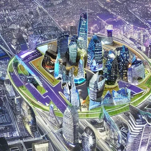 Prompt: futuristic city where the Baltimore Ravens rule the world