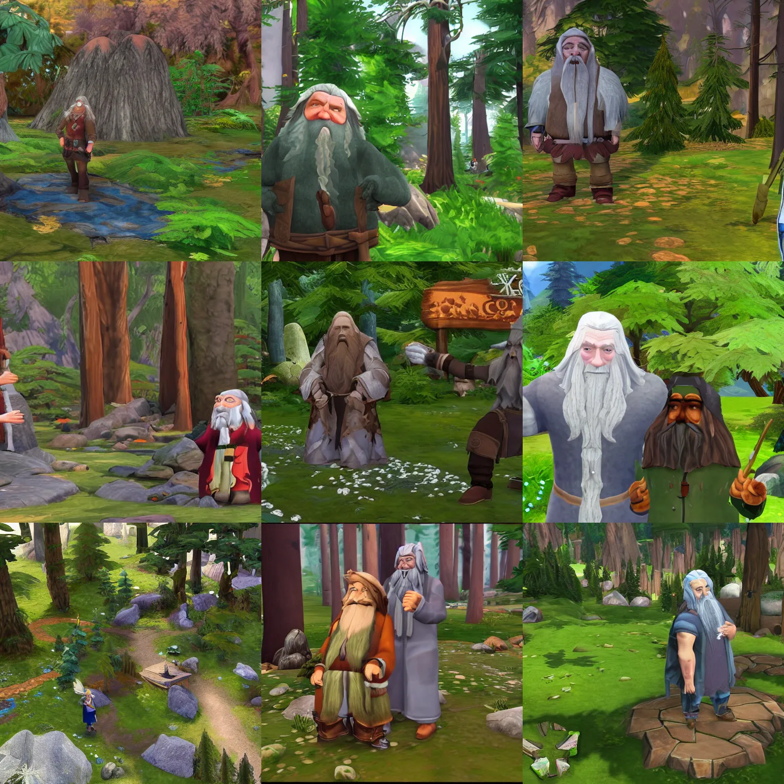 Prompt: dwarf meets gandalf in the forest in The Sims 4